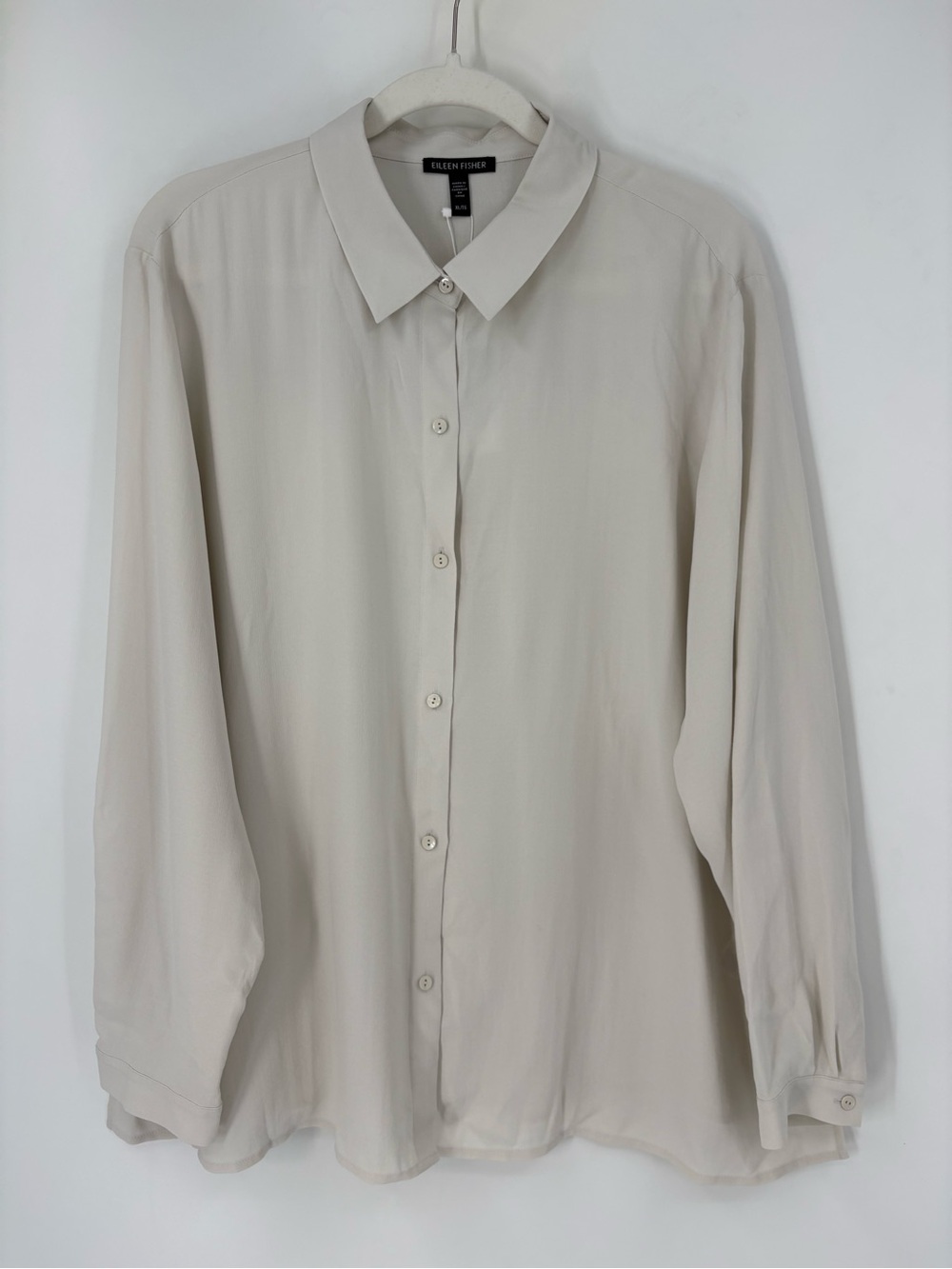 Eileen Fisher Silk Georgette Crepe Classic Collar Shirt Bone XL Off White